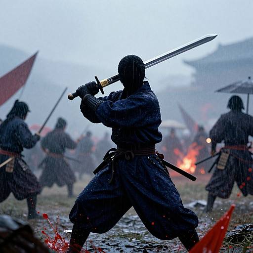 Photograph of a samurai in a dark hooded robe, holding a sword overhead, amidst a rainy battlefield with other samurai, flags, and