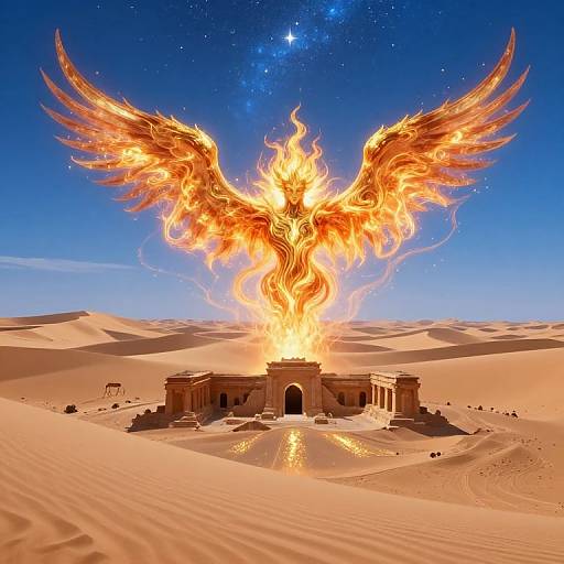 Digital artwork of a fiery phoenix emerging from a desert temple, wings ablaze, against a starry blue night sky.