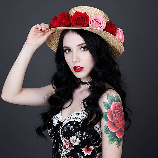 Photograph of pale-skinned woman with long black hair, red lipstick, floral dress, straw hat with red and pink roses, large rose tattoo on