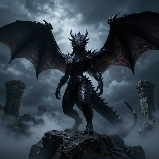 Digital art of a menacing, black-scaled dragon with large wings, standing on a rocky outcrop under a cloudy, moonlit sky.