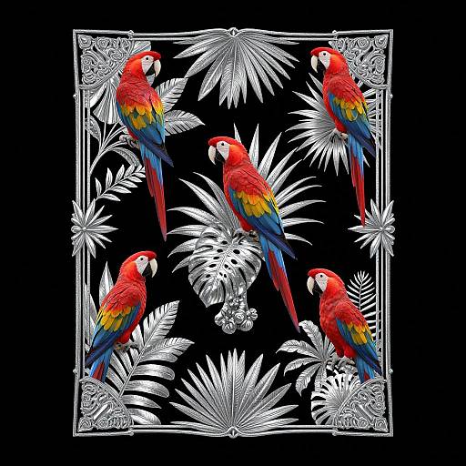 Colorful parrots with vibrant red, blue, and yellow feathers, surrounded by intricate white leaf patterns, set against a black background. Digital artwork.