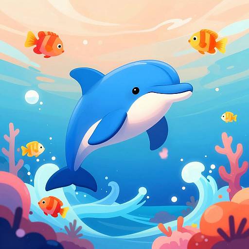 Colorful digital illustration of a blue dolphin swimming through a vibrant underwater scene with orange fish, coral, and bubbles.