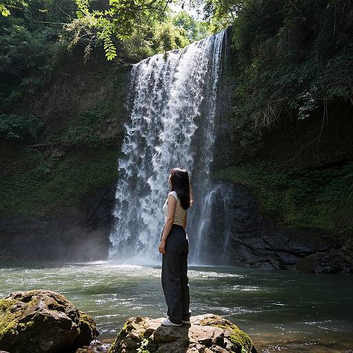 Photograph of a woman with long black hair, standing on a mossy rock, facing a cascading waterfall in a lush, forested area.