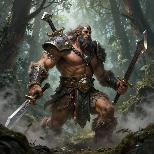 Digital fantasy artwork of a muscular, bearded warrior with fur and leather armor, wielding two swords in a misty forest.
