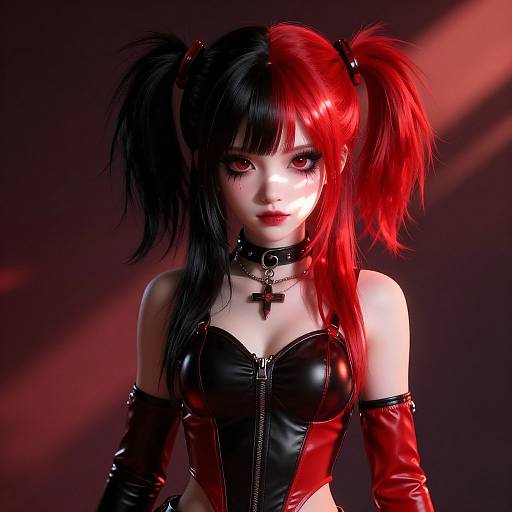 Digital art of a gothic girl with black and red hair, wearing a black leather corset, red gloves, choker with cross, and dark