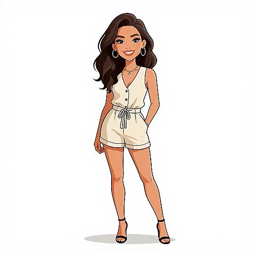 Digital illustration of a confident woman with long black hair, wearing a white sleeveless romper, black heels, and large hoop earrings, standing against a