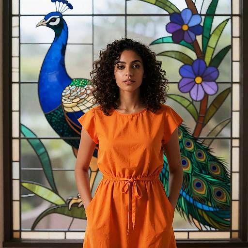 Curly Haired Woman in Stained Glass Setting
