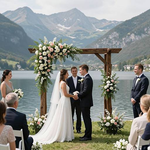 Photograph of a wedding ceremony in front of a wooden arch adorned with white and pink flowers, set against a mountainous lake backdrop. Bride in white