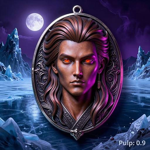 Digital artwork of a mysterious, glowing-eyed, bronze-haired man with intricate circular frame, set against a moonlit, icy landscape. Purple aura highlights his
