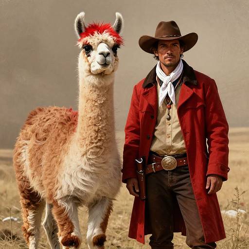 Photograph of a man in a brown cowboy hat and red coat standing beside a red-haired llama in a desert landscape.