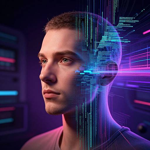 Photorealistic digital portrait of a young man with short brown hair, glowing blue and purple neon lines merging with his right side, set against a dark