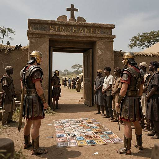Photograph of ancient Roman soldiers in black armor and gold helmets, standing in front of 