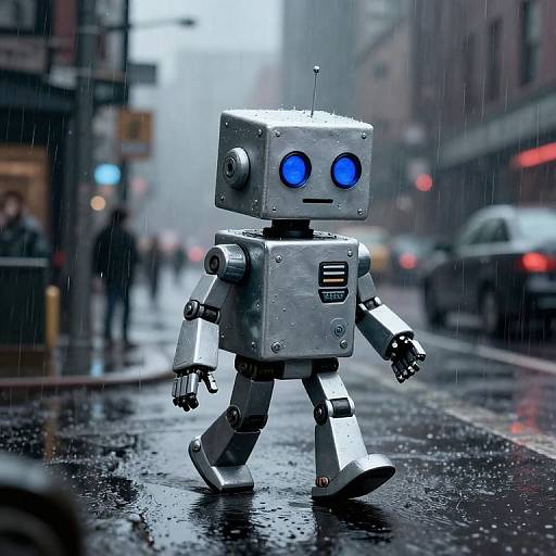 Photograph of a metallic, blue-eyed robot with a square head and boxy body walking on a rainy city street at night.
