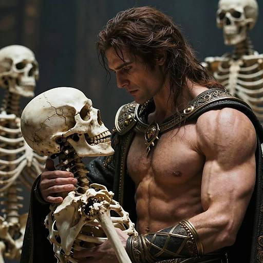 Handsome Necromancer Embracing Skeleton