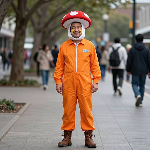Photograph of a smiling man in an orange jumpsuit and red mushroom hat, standing on a city sidewalk with blurred pedestrians and trees in the background.