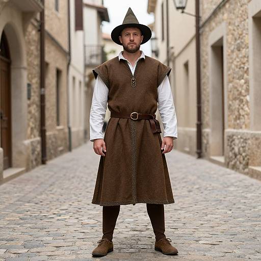 Photograph of a bearded man in medieval attire: brown sleeveless tunic, white shirt, black hat, brown boots, standing on cobble