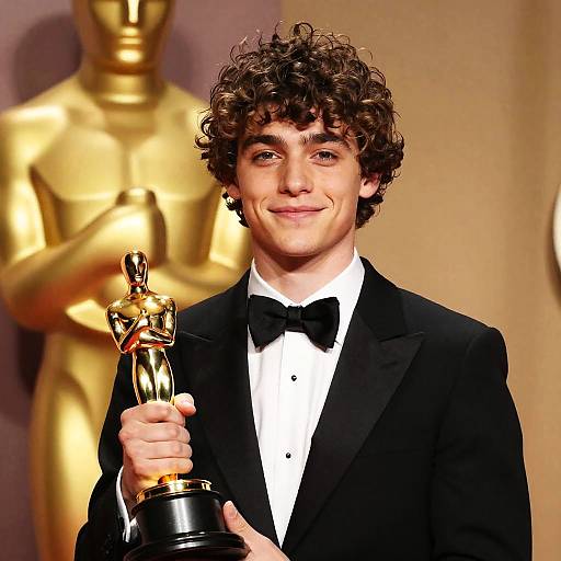 Photograph of curly-haired young man in black tuxedo with bow tie, holding golden Oscar statue, smiling, with golden Oscar statue in background.