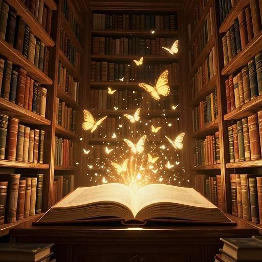 Photograph of an open glowing book in a dimly lit library, surrounded by floating, ethereal golden butterflies amidst stacked books.