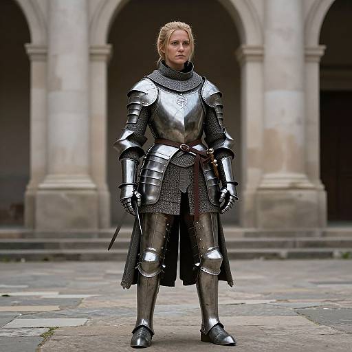 Photorealistic CGI of a blonde woman in silver medieval armor, standing in a stone courtyard with arched columns in the background.