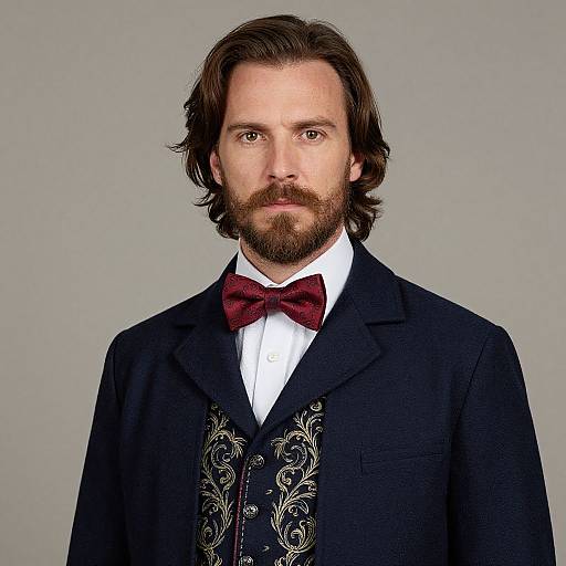 Photograph of a bearded white man with medium-length brown hair, wearing a dark navy formal suit, white shirt, red bow tie, and orn