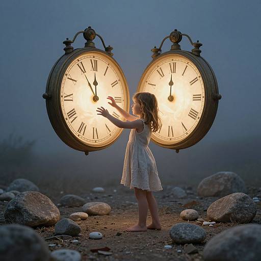 Photograph of a barefoot girl in a white lace dress, standing on rocky ground, touching glowing, vintage twin clocks against a twilight blue sky.