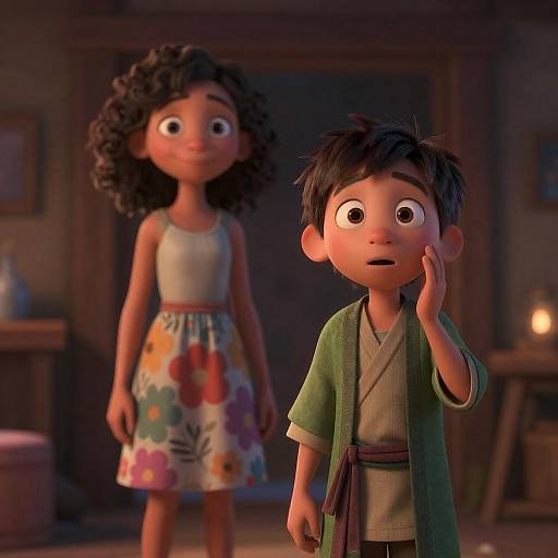 Curly-Haired Girl and Surprised Boy