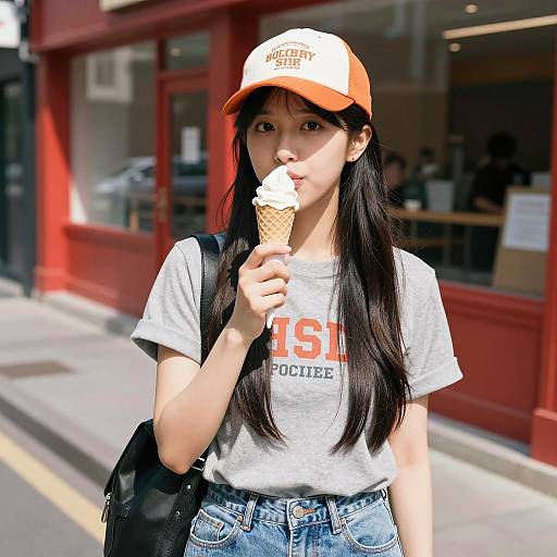 Sunlit Scene with Asian Woman and Ice Cream
