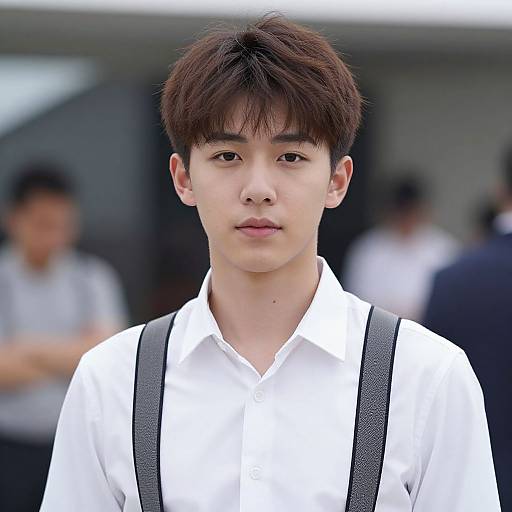 Photograph of a young Asian man with short brown hair, wearing a white shirt and black suspenders, standing slightly blurred background with other people.