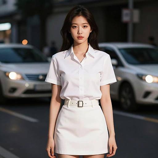 Photograph of an Asian woman with long black hair, wearing a white short-sleeved shirt dress with a belt, standing on a city street with
