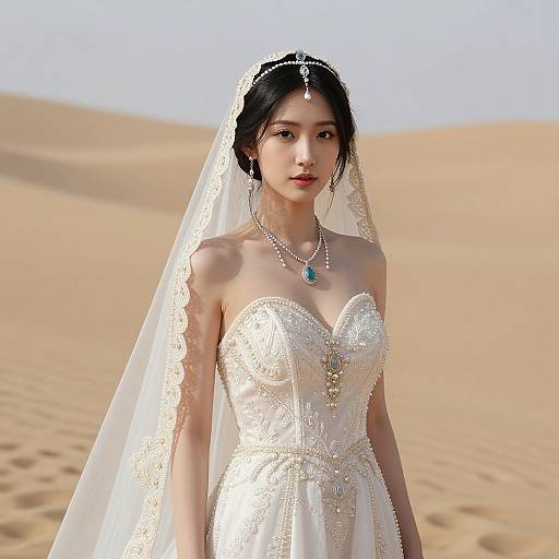 Photograph of an East Asian bride with black hair, wearing an ornate white wedding dress and veil, standing in a desert with sandy dunes.