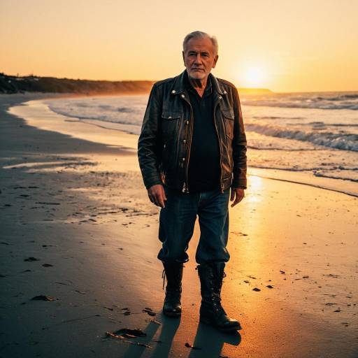 Elderly Man in Leather Jacket on Beach at Sunset