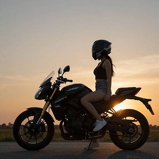 Woman Sitting on Motorcycle at Sunset