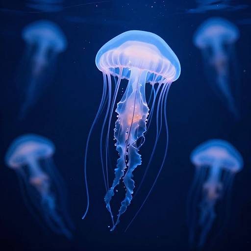 Photograph of glowing blue jellyfish with translucent, bell-shaped bodies and long, wavy tentacles, floating against a dark blue underwater background.