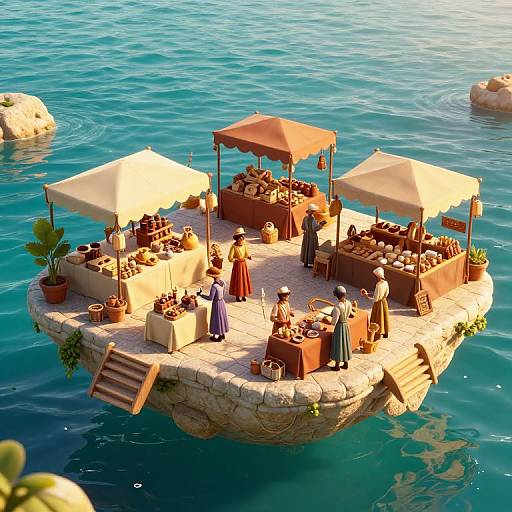 A CGI image of a floating stone platform with Victorian-style market stalls, umbrellas, and dressed people in colorful, historical attire, surrounded by calm turquoise