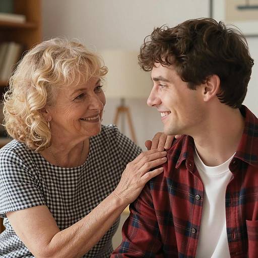Elderly Woman Comforting Young Man Indoors