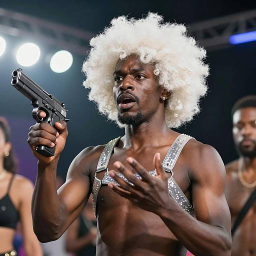 Intense Performer with Afro and Gun