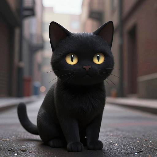 Photorealistic digital artwork of a black cat with glowing yellow eyes, sitting on a deserted, narrow urban alleyway at dusk.