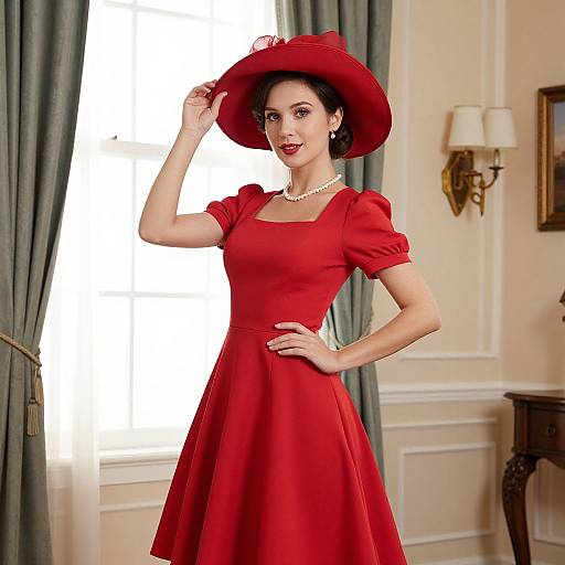 Photograph of a fair-skinned woman in a vibrant red dress and wide-brimmed hat, standing in a elegant room with green curtains and wall