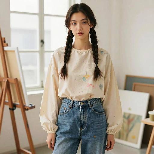 Young Female Artist with Fishtail Braids in Art Studio