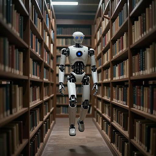 Photorealistic CGI of a white, humanoid robot with blue glowing eyes and chest panel, walking down a narrow library aisle flanked by tall, filled