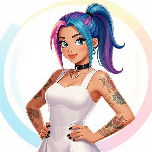 Digital anime-style drawing of a blue-haired woman with pink highlights, tattoos, wearing a white dress, black choker, and black nails.