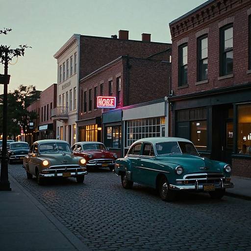 Photograph of a dusk urban street with vintage cars, a neon 