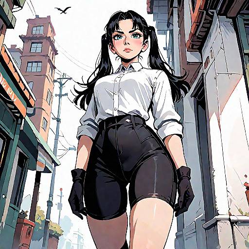 Digital anime-style illustration of a confident woman with long black hair, blue eyes, white shirt, black shorts, and gloves, standing in a narrow urban