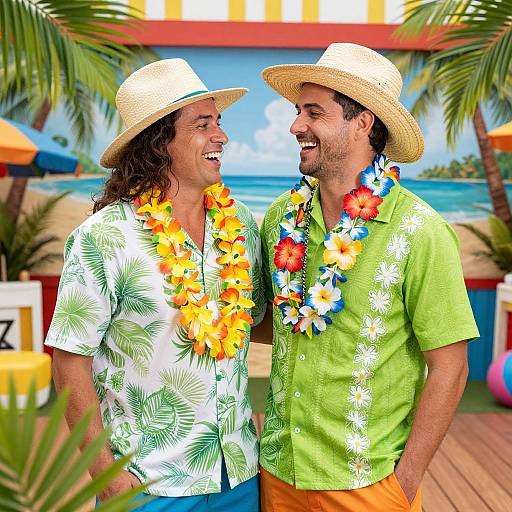Photograph of two smiling men in Hawaiian shirts, straw hats, and colorful flower leis, standing on a tropical beach deck.