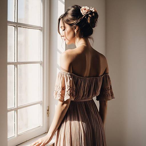 Woman in Bohemian Chiffon Dress by Window