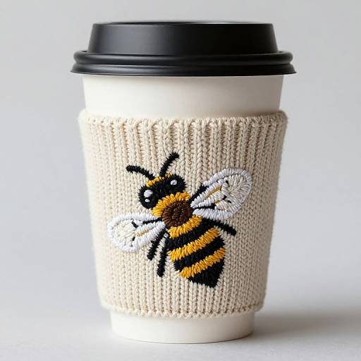 Photograph of a white disposable coffee cup with a black lid, wrapped in a beige knitted sleeve featuring a colorful embroidered bee with black, yellow,