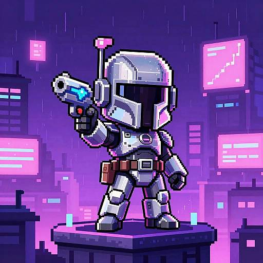 Pixel art of a white-armored robot with a black visor, holding a glowing blue gun, standing on a platform in a neon-lit,
