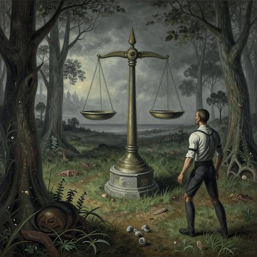 Surreal Macabre Scene with Giant Scales and Man in Forest