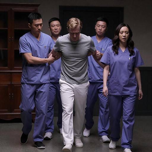 Tense Restraint in Dimly Lit Room