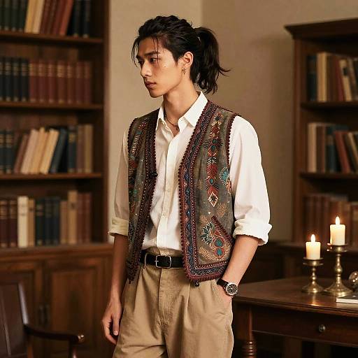 Photograph of a young Asian man with long black hair in a ponytail, wearing a white shirt, embroidered vest, and beige pants, standing in